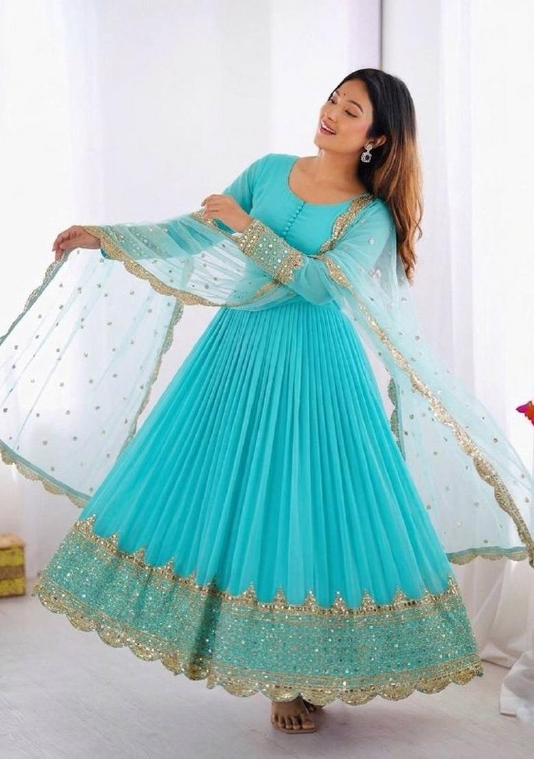 Sky Blue Embroidery Net Gown With Dupatta - Indya