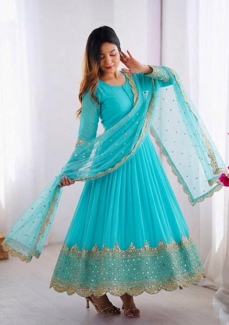 Sky Blue Embroidery Net Gown With Dupatta - Indya