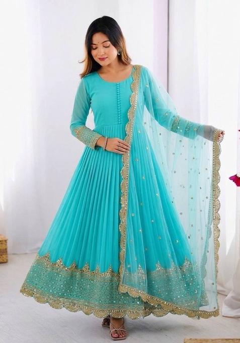Sky Blue Embroidery Net Gown With Dupatta