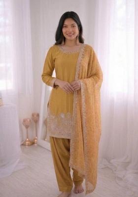 Mustard Embroidery Silk Kurta Set
