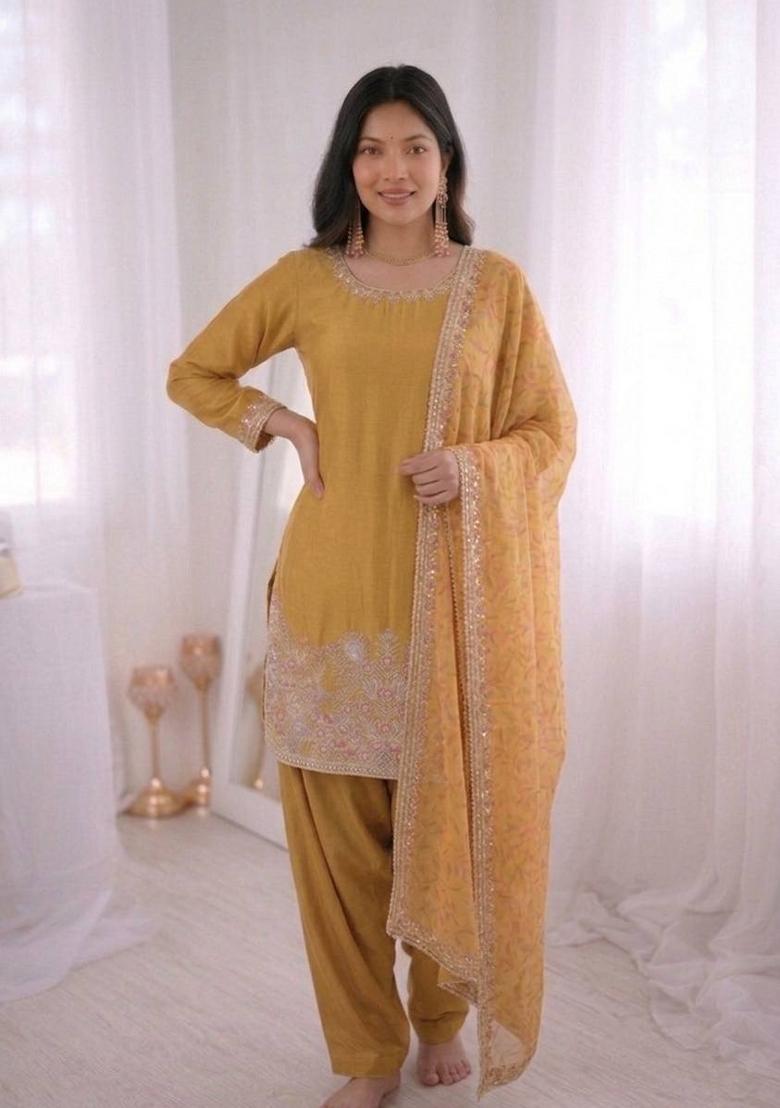 Mustard Embroidery Silk Kurta Set - Indya
