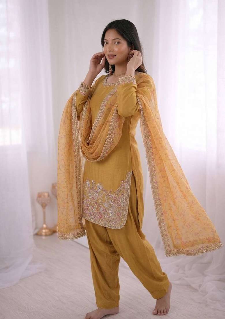Mustard Embroidery Silk Kurta Set - Indya