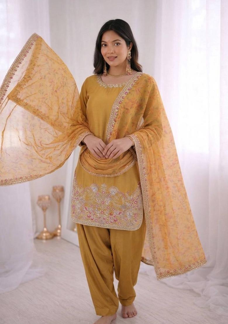 Mustard Embroidery Silk Kurta Set - Indya