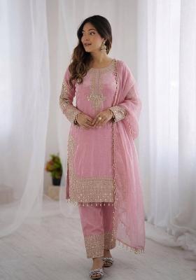 Pink Embroidery Silk Kurta Set