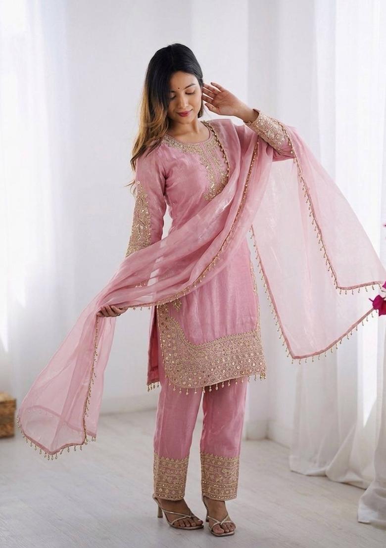 Pink Embroidery Silk Kurta Set - Indya
