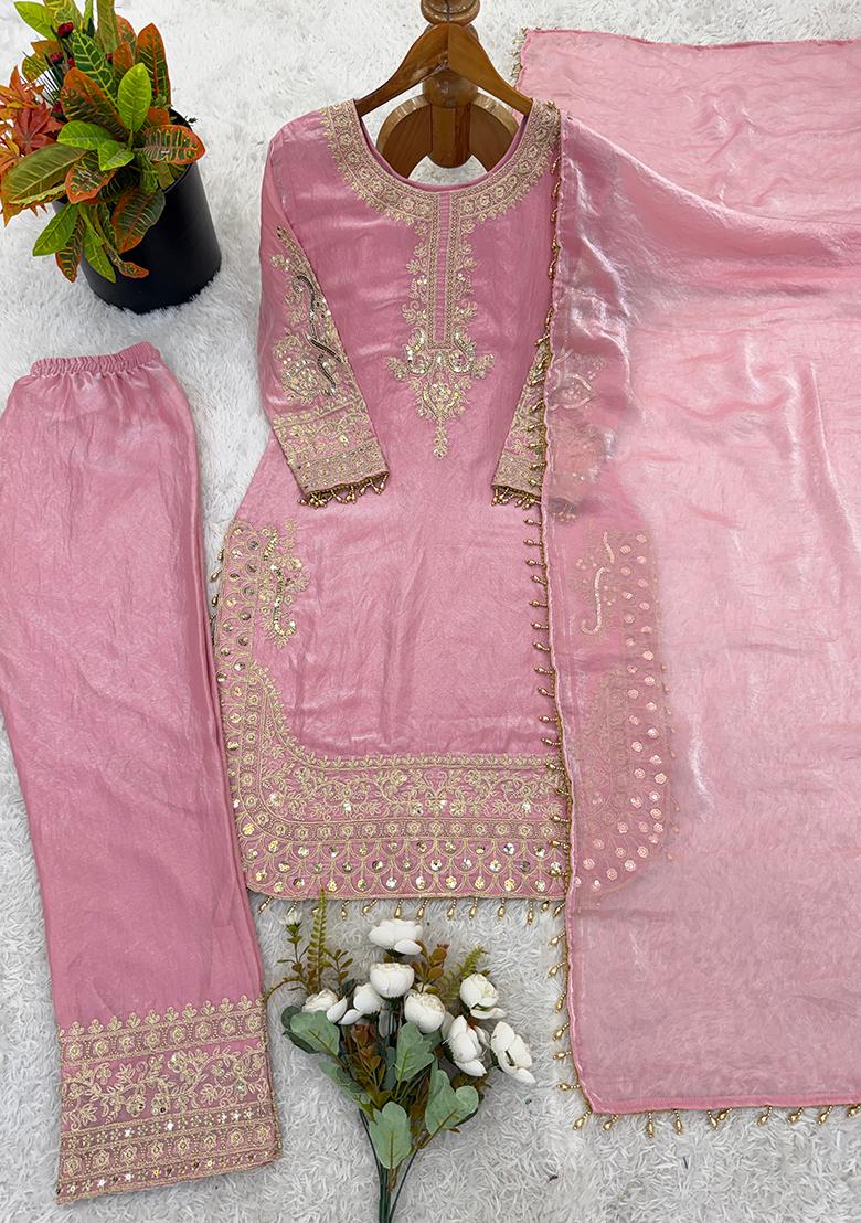 Pink Embroidery Silk Kurta Set - Indya