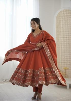 Orange Embroidery Silk Kurta Set