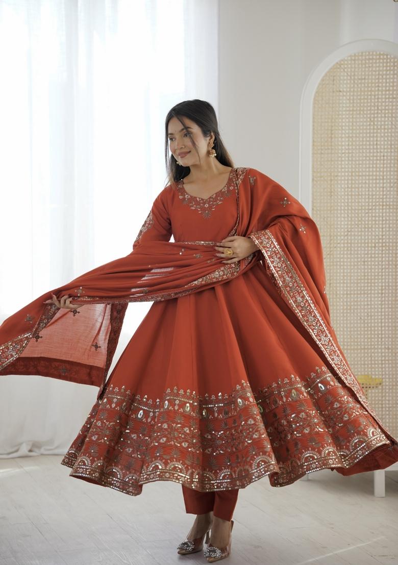 Orange Embroidery Silk Kurta Set - Indya