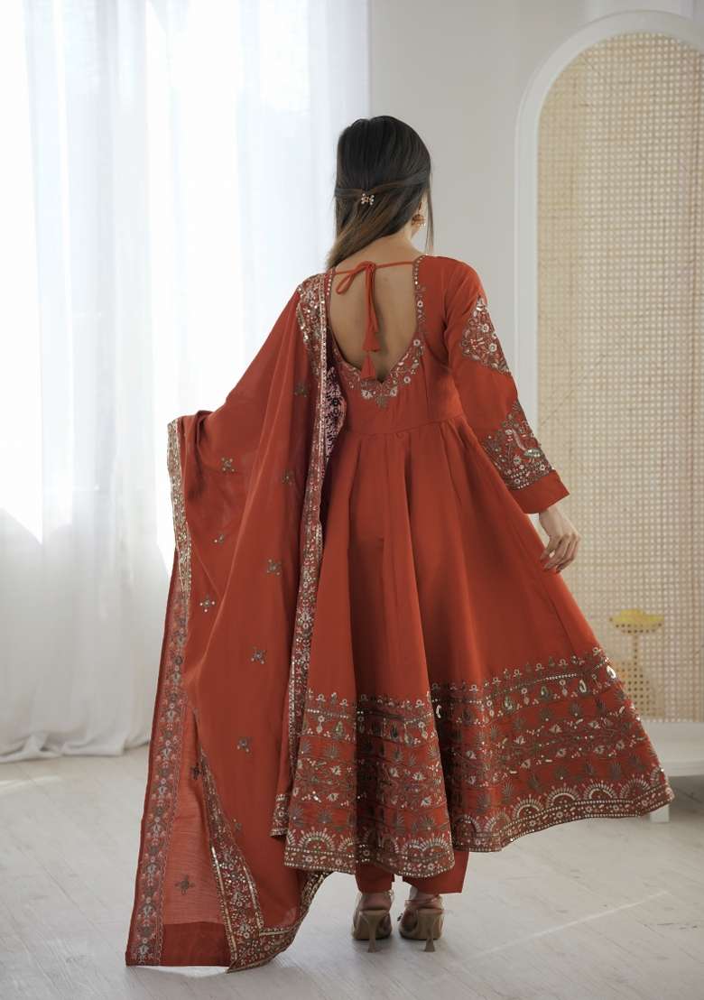 Orange Embroidery Silk Kurta Set - Indya