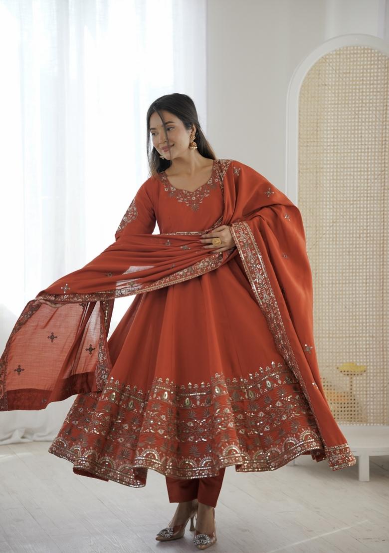 Orange Embroidery Silk Kurta Set - Indya