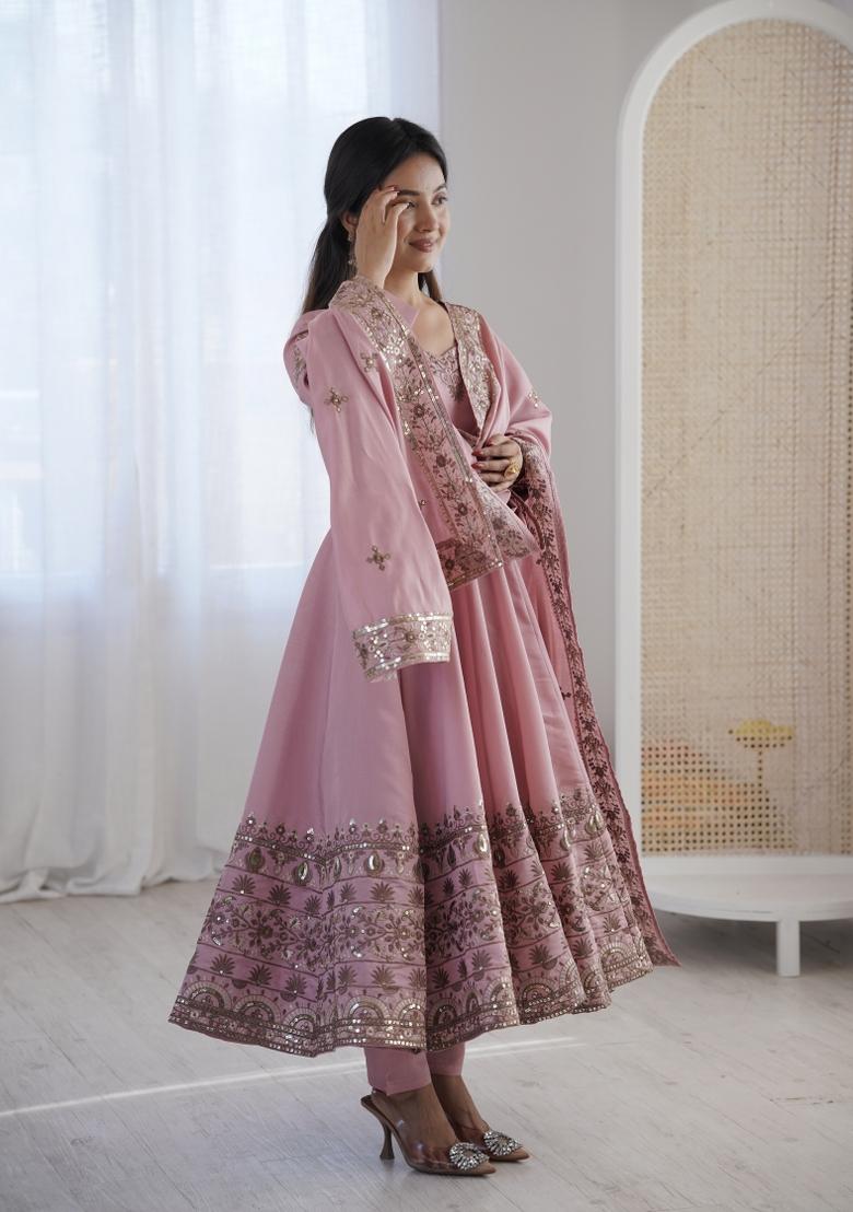 Pink Embroidery Silk Kurta Set - Indya