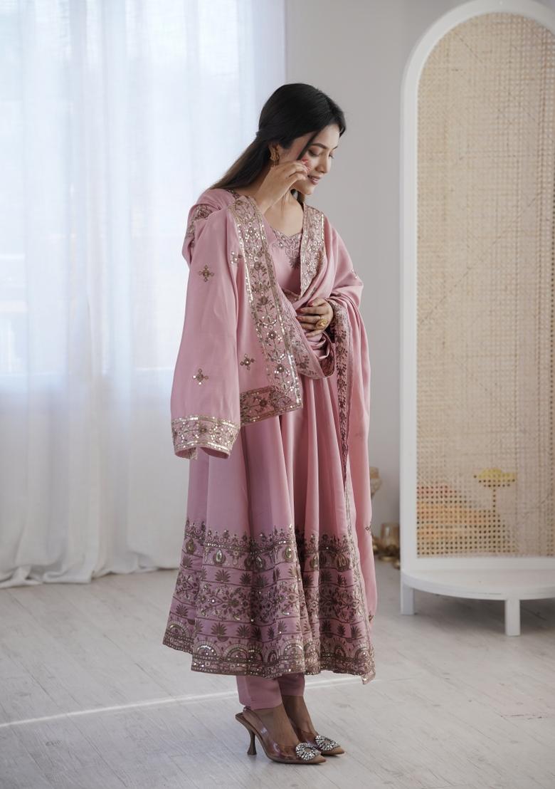 Pink Embroidery Silk Kurta Set - Indya