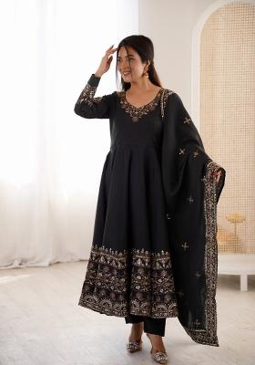 Black Embroidery Silk Kurta Set