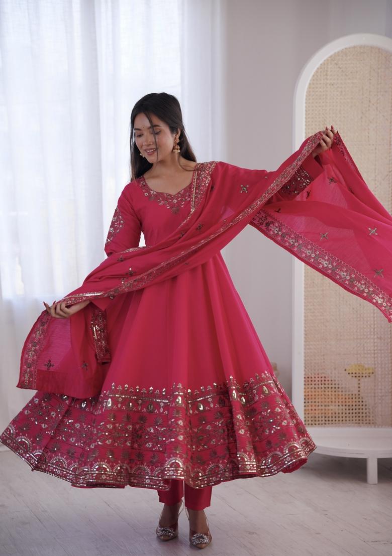 Pink Embroidery Silk Kurta Set - Indya