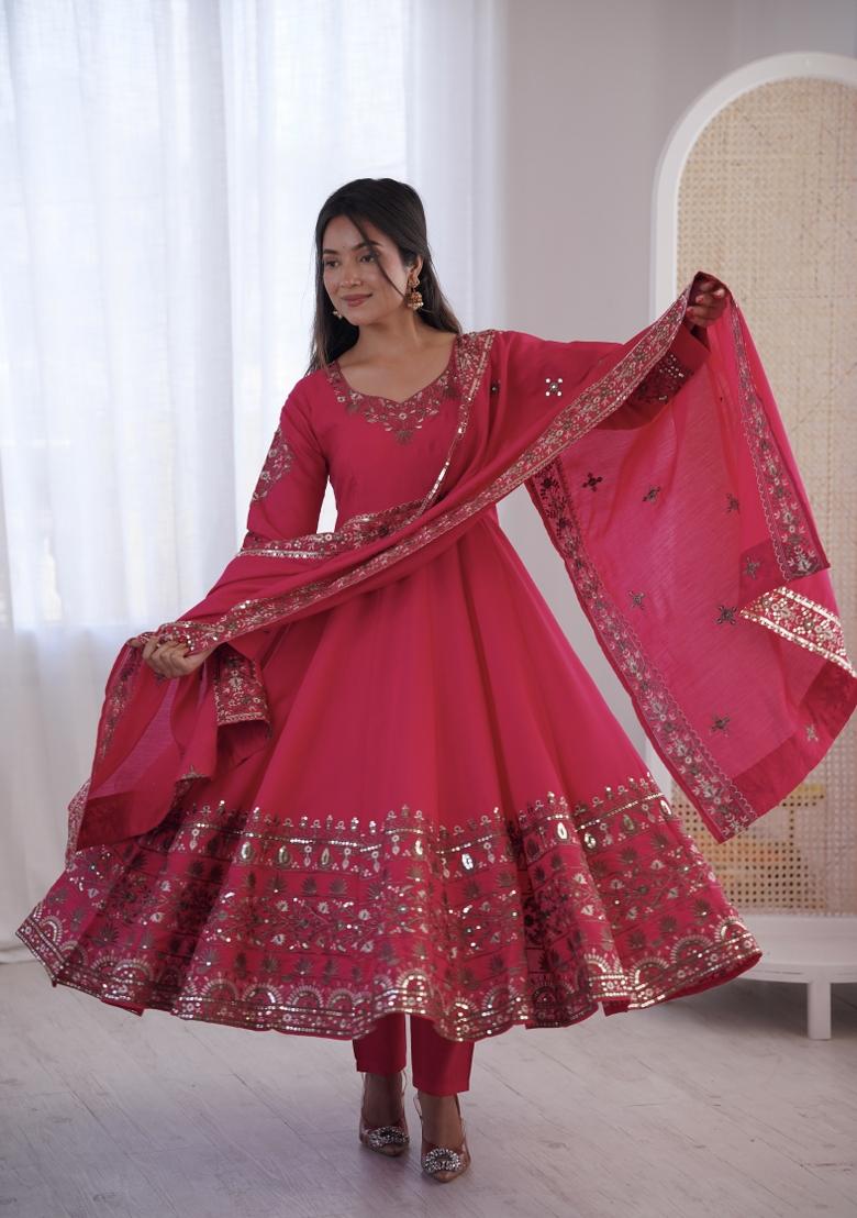Pink Embroidery Silk Kurta Set - Indya