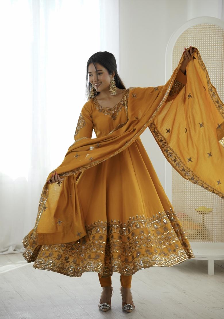 Yellow Embroidery Silk Kurta Set - Indya