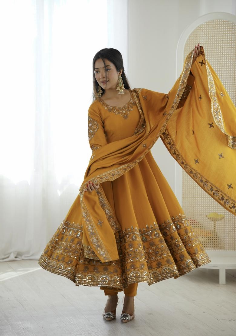 Yellow Embroidery Silk Kurta Set - Indya