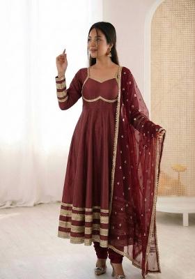 Maroon Lace Work Georgette Kurta Set