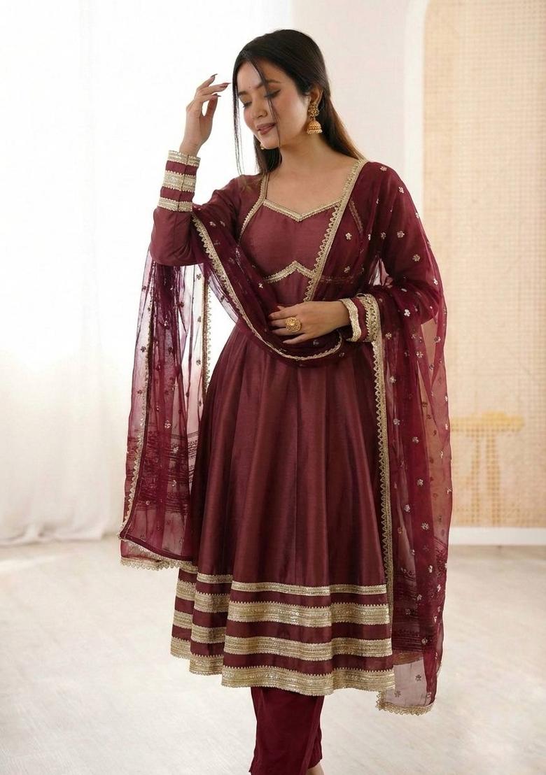 Maroon Lace Work Georgette Kurta Set - Indya