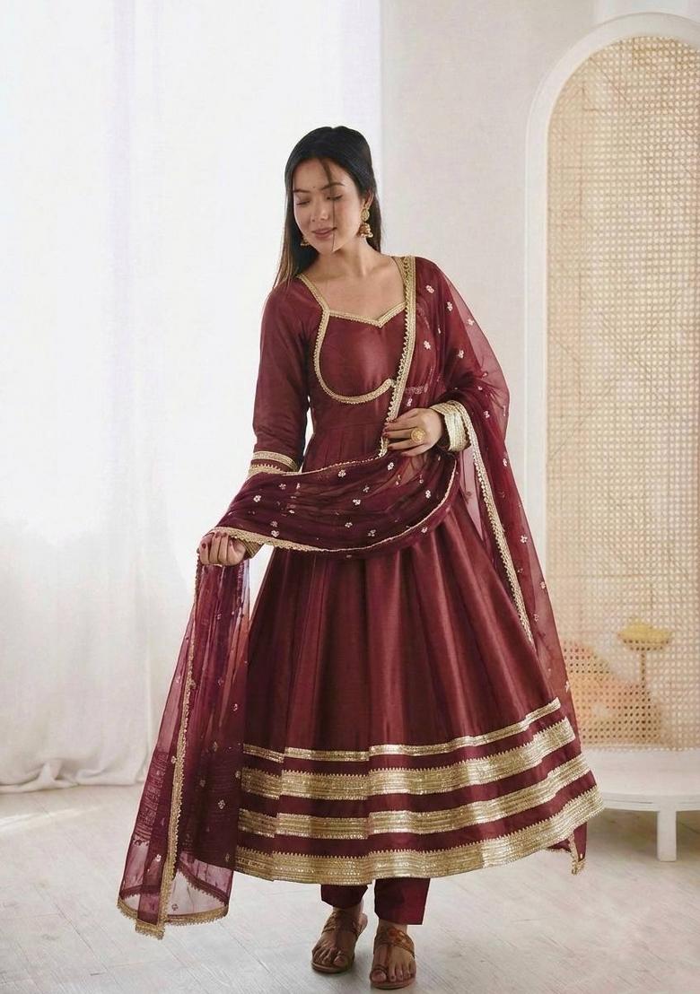 Maroon Lace Work Georgette Kurta Set - Indya