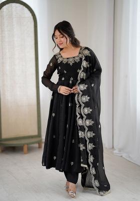 Black Embroidery Silk Kurta Set