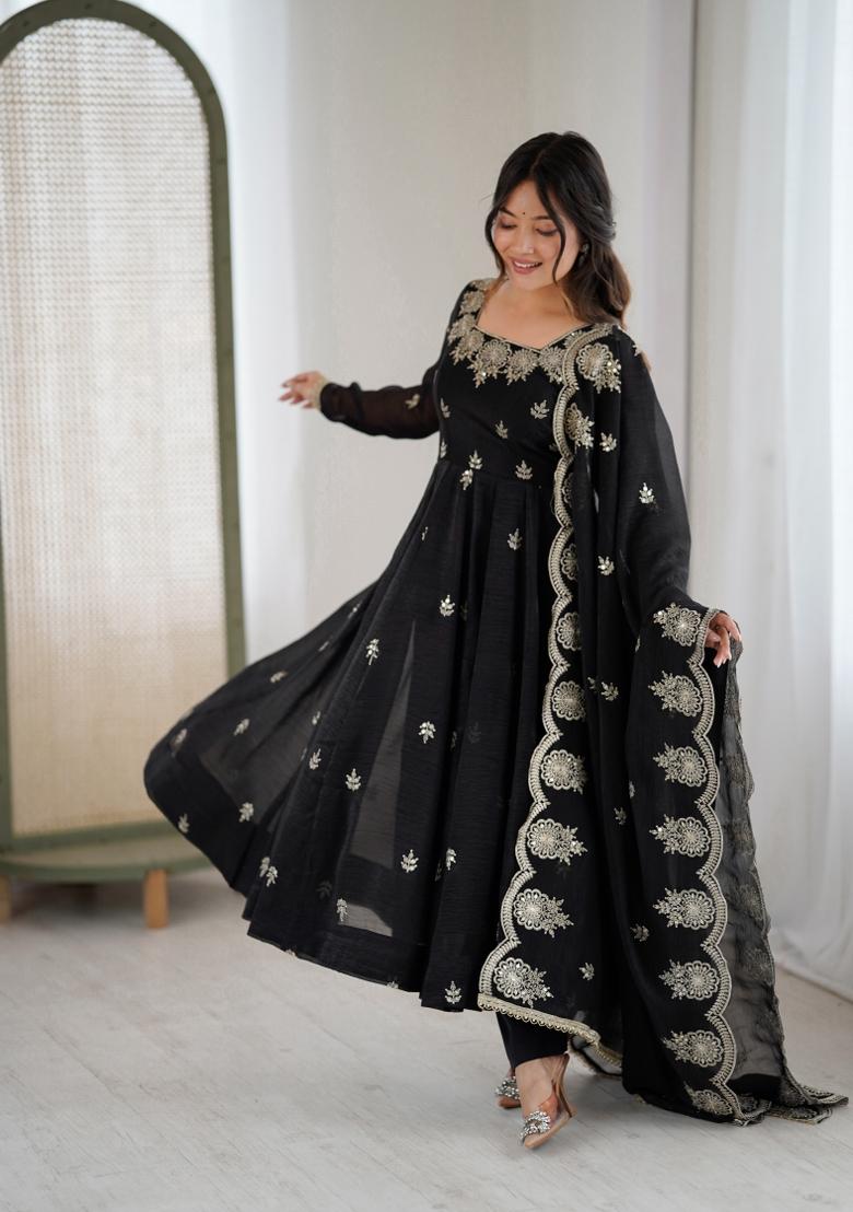 Black Embroidery Silk Kurta Set - Indya