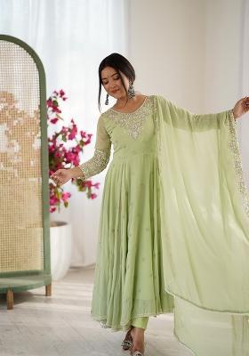 Pista Embroidery Faux Blooming Kurta Set