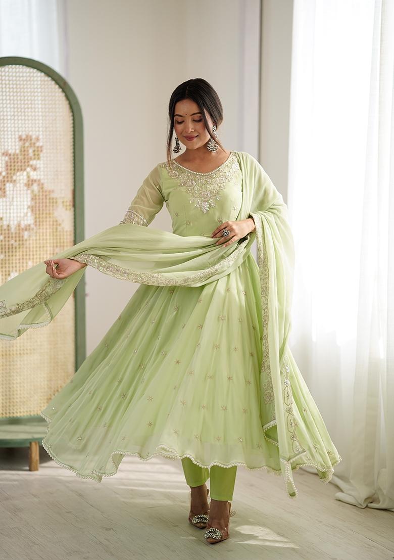 Pista Embroidery Faux Blooming Kurta Set - Indya