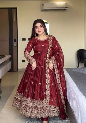 Maroon Embroidery Silk Kurta Set