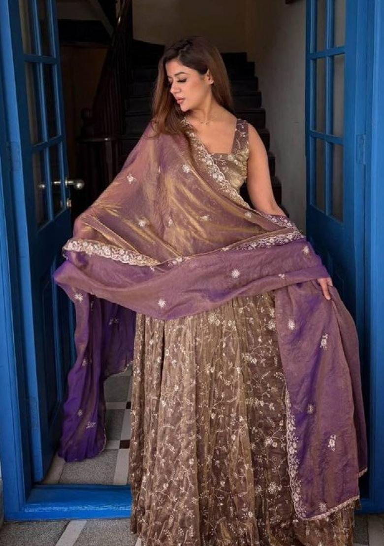 Brown Embroidery Silk Kurta Set - Indya