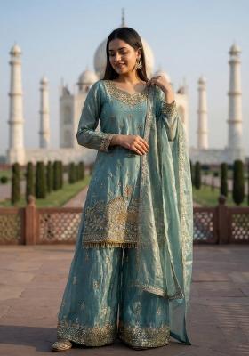 Sky Blue Embroidery Silk Kurta Set