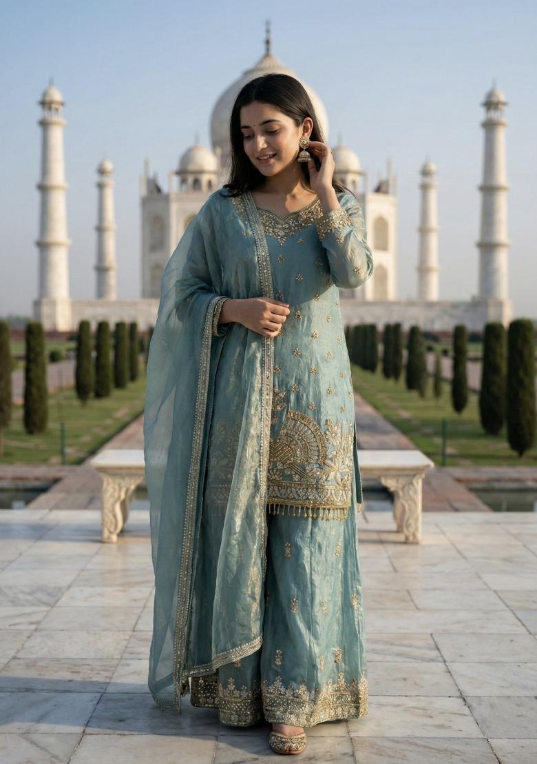 Sky Blue Embroidery Silk Kurta Set - Indya