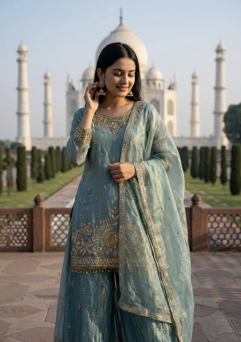 Sky Blue Embroidery Silk Kurta Set - Indya