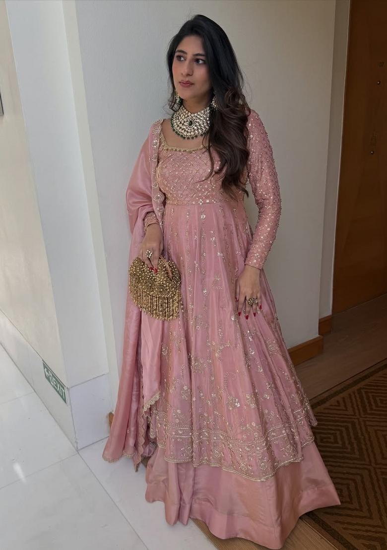 Pink Embroidery Silk Kurta Set - Indya