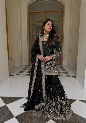 Black Embroidery Silk Kurta Set