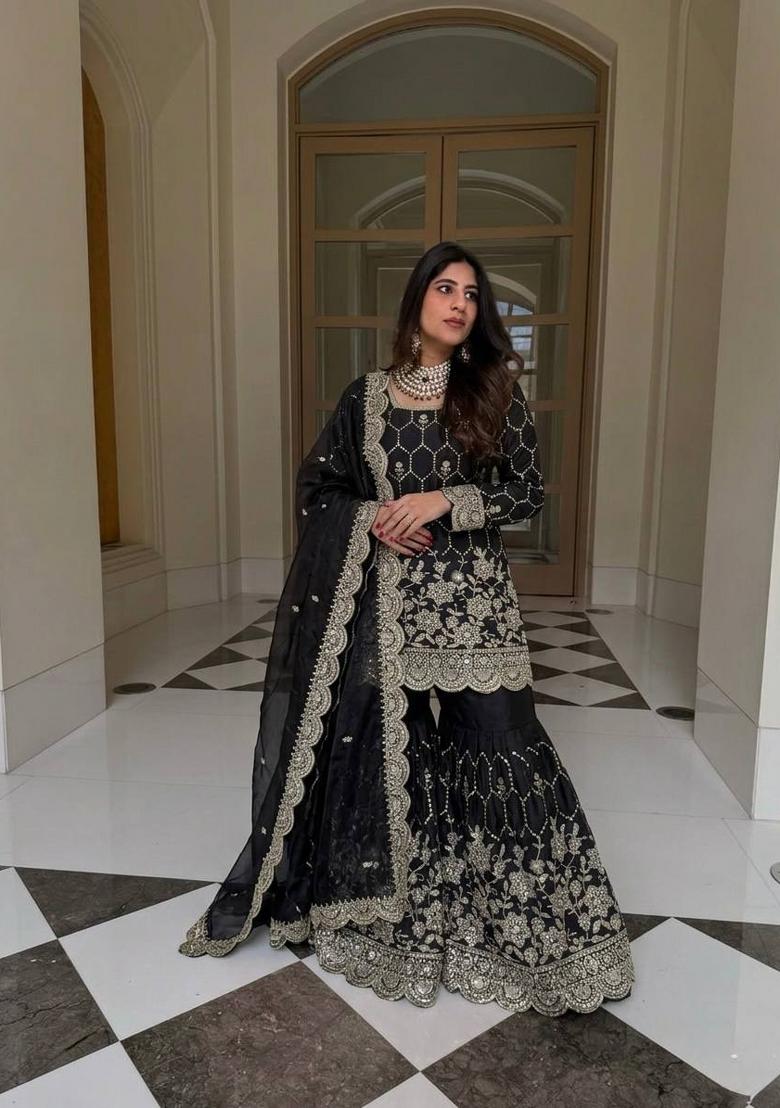 Black Embroidery Silk Kurta Set - Indya