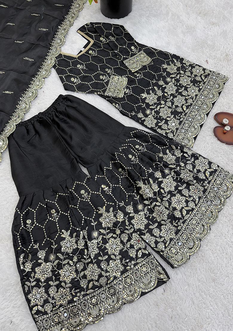 Black Embroidery Silk Kurta Set - Indya