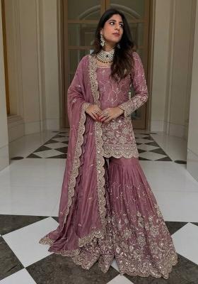 Pink Embroidery Silk Kurta Set