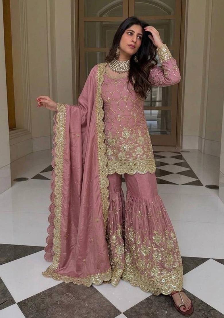 Pink Embroidery Silk Kurta Set - Indya