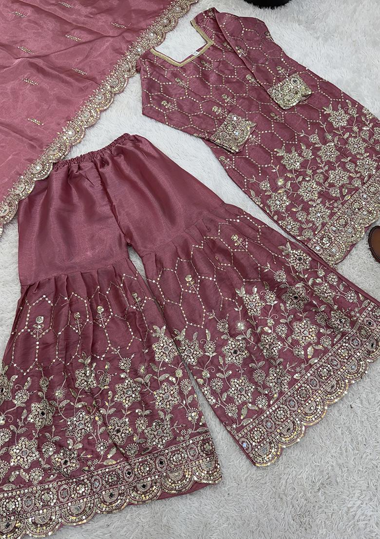 Pink Embroidery Silk Kurta Set - Indya
