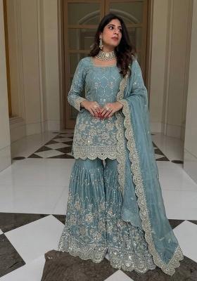 Sky Blue Embroidery Silk Kurta Set