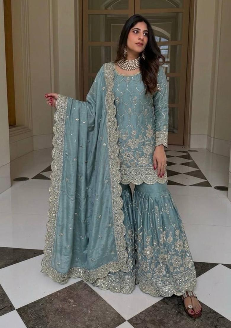 Sky Blue Embroidery Silk Kurta Set - Indya