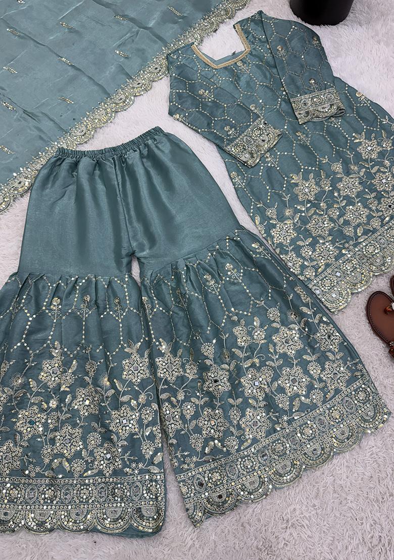 Sky Blue Embroidery Silk Kurta Set - Indya