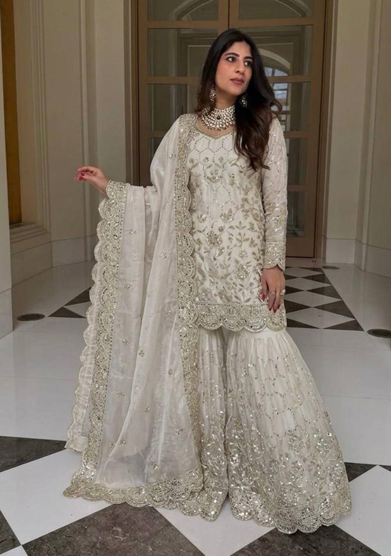 White Embroidery Silk Kurta Set - Indya