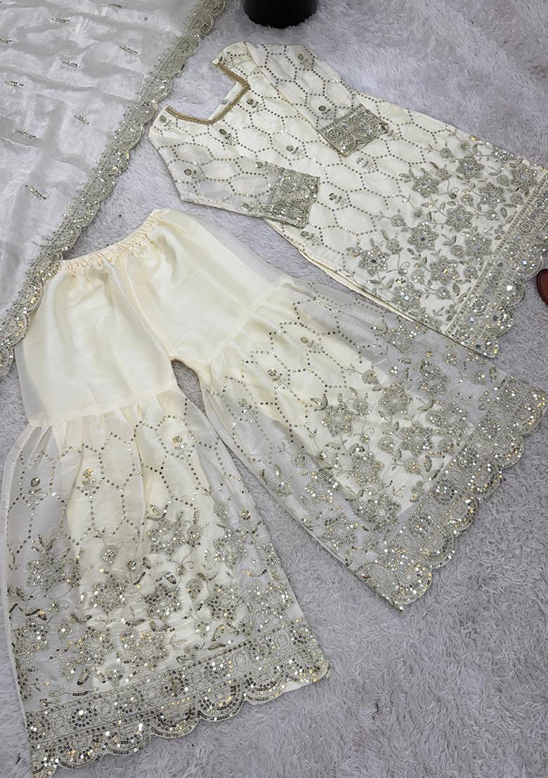 White Embroidery Silk Kurta Set - Indya