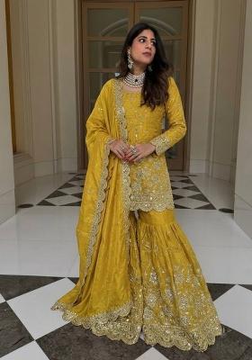 Yellow Embroidery Silk Kurta Set