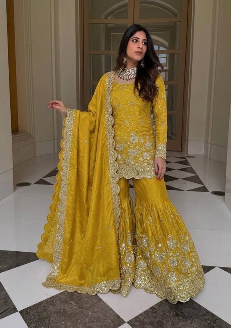 Yellow Embroidery Silk Kurta Set - Indya