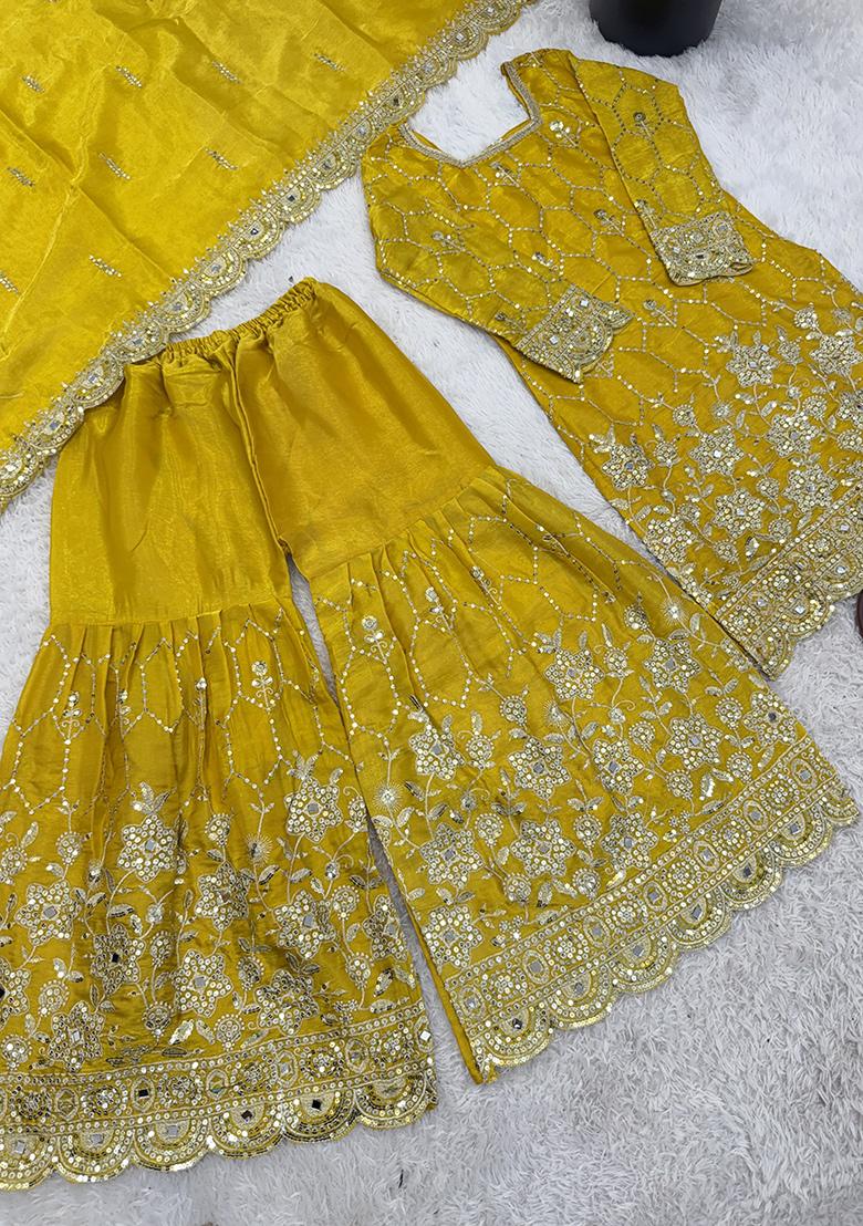 Yellow Embroidery Silk Kurta Set - Indya