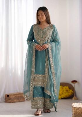 Blue Embroidery Silk Kurta Set