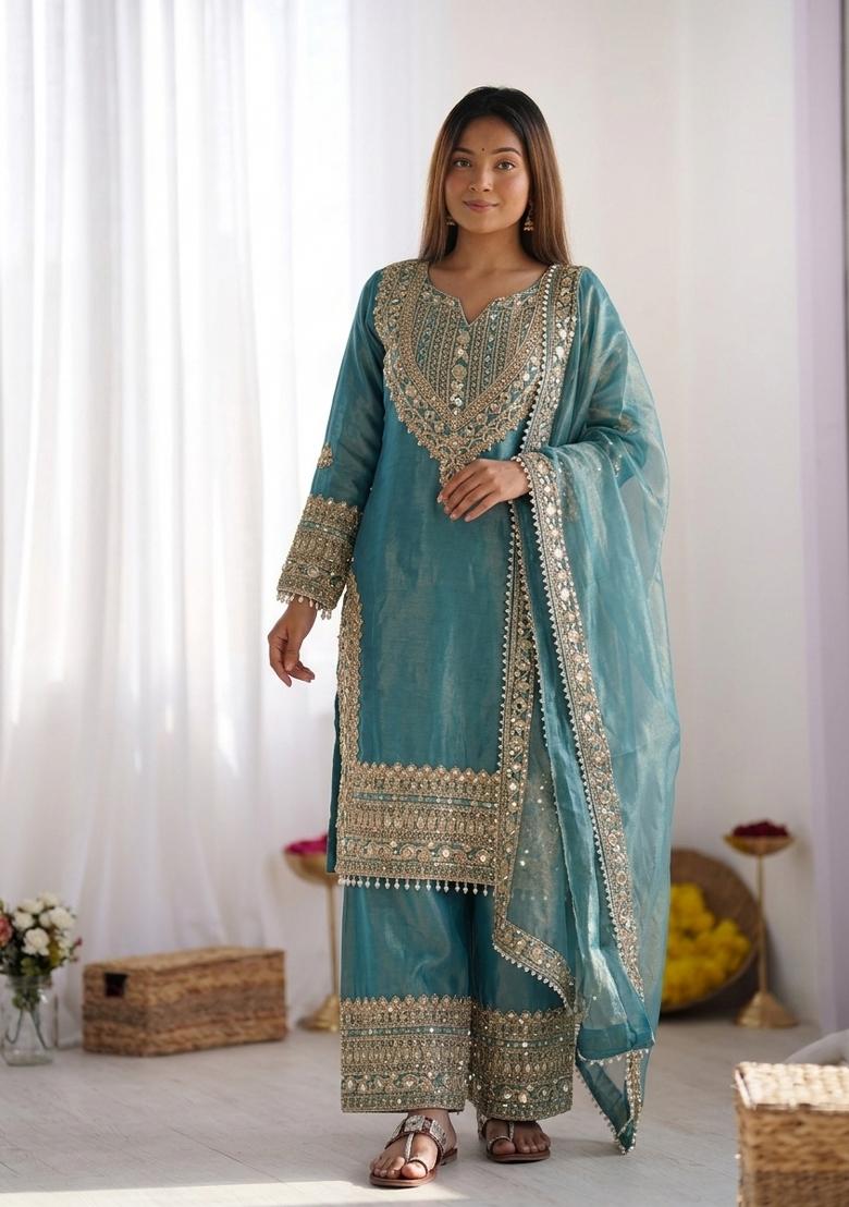 Blue Embroidery Silk Kurta Set - Indya